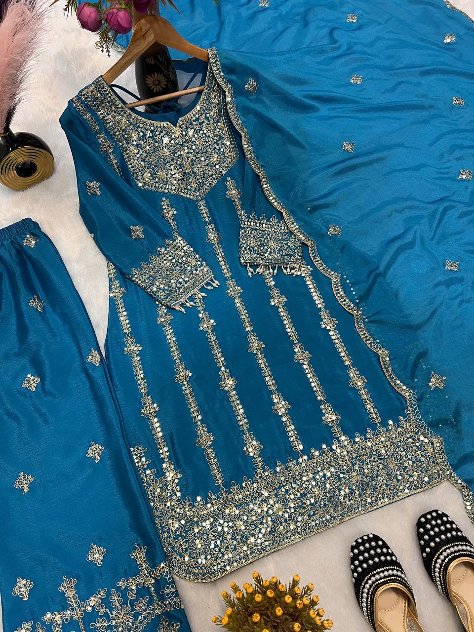 Royal Cerulean Silver-Embroidered Sharara Set